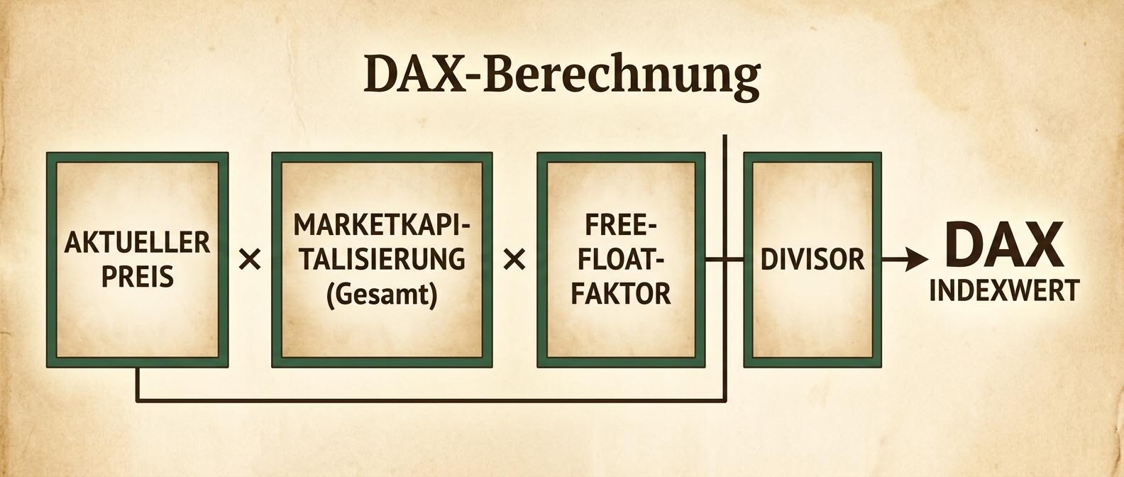 Schema der DAX-Berechnung mit Preisen, Marktkapitalisierung und Divisor