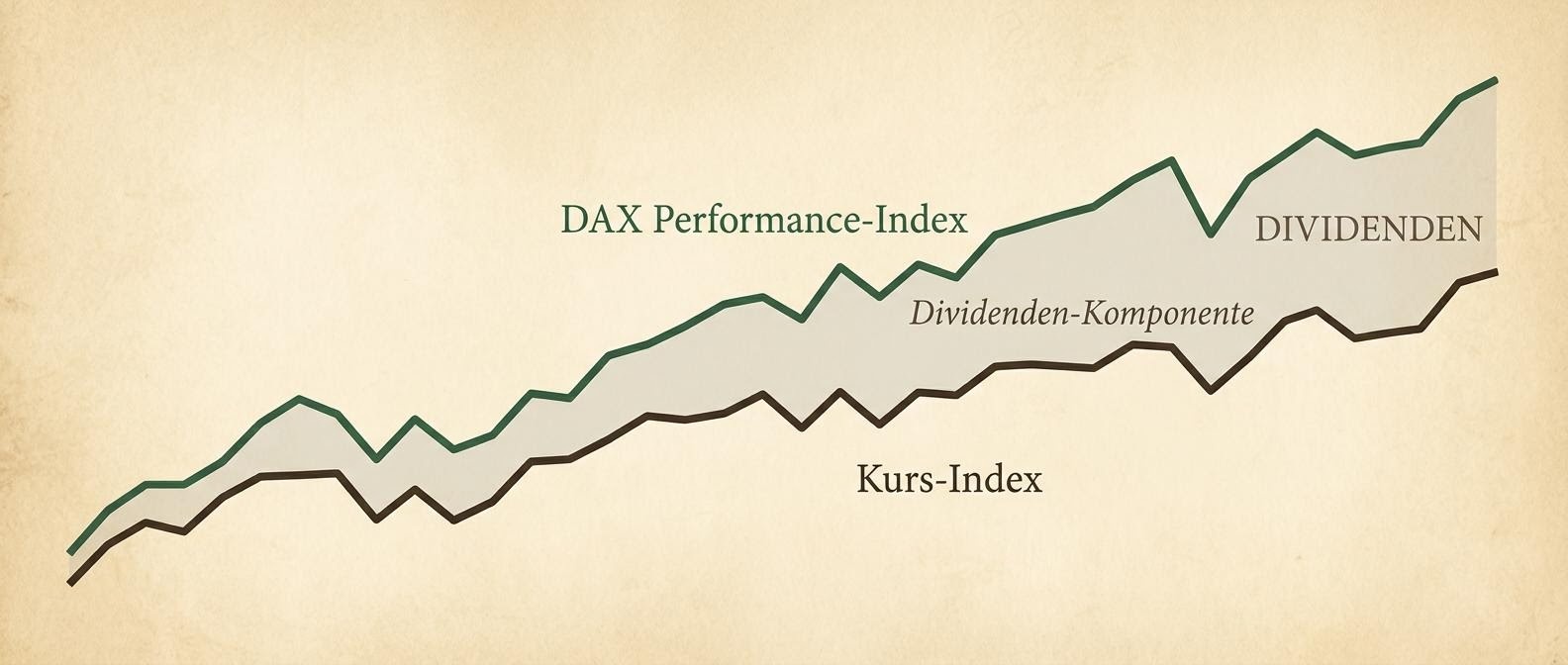 Gegenüberstellung von Kursindex und Performanceindex mit Dividenden-Komponente